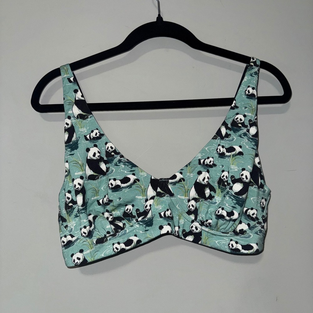MeUndies Panda Bear Print Feelfree Ruched Bralette Teal Blue XL Womens Wireless